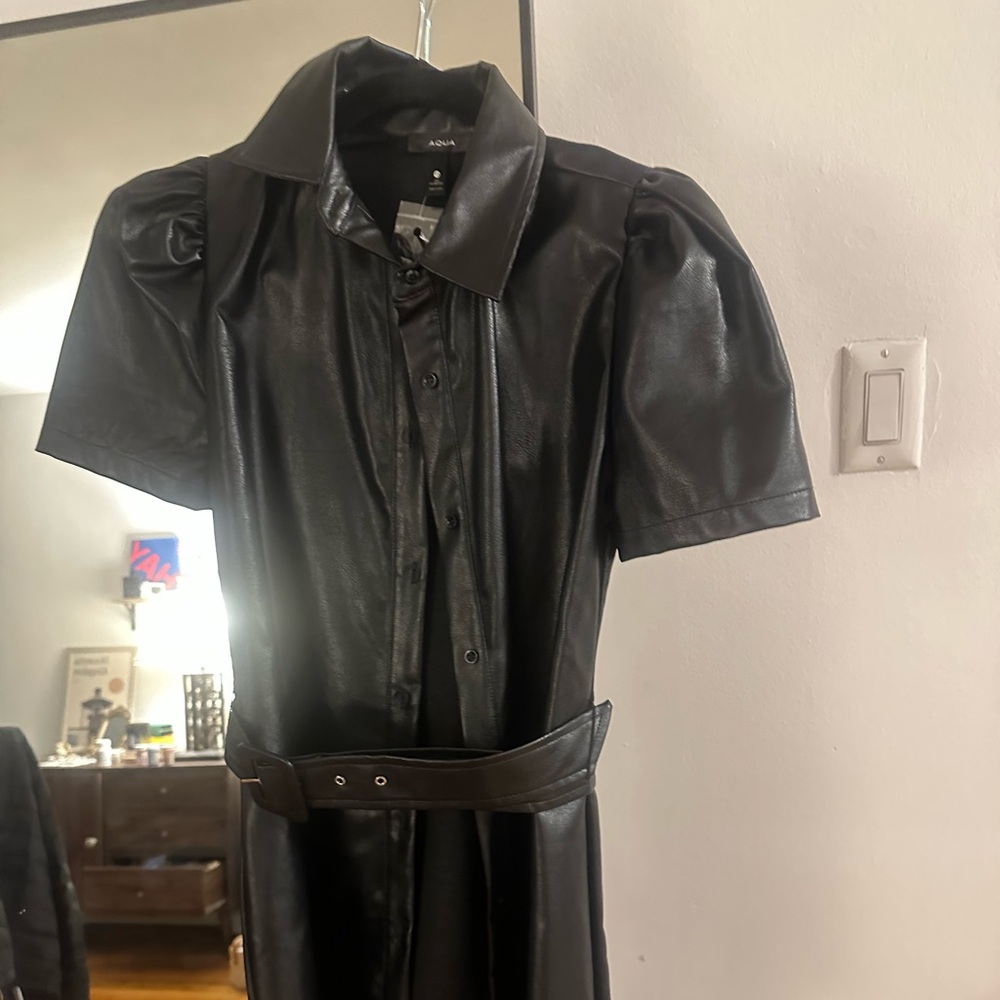 AQUA Black Faux Leather Belted Dress - Picture 4 of 4